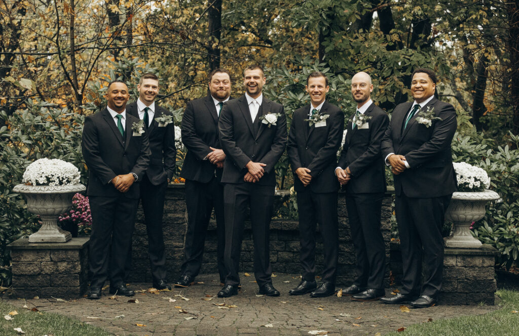 Groomsmen posing for photos in the fall. Classic fall wedding photos. Boston wedding photographer. Classic wedding inspiration. 